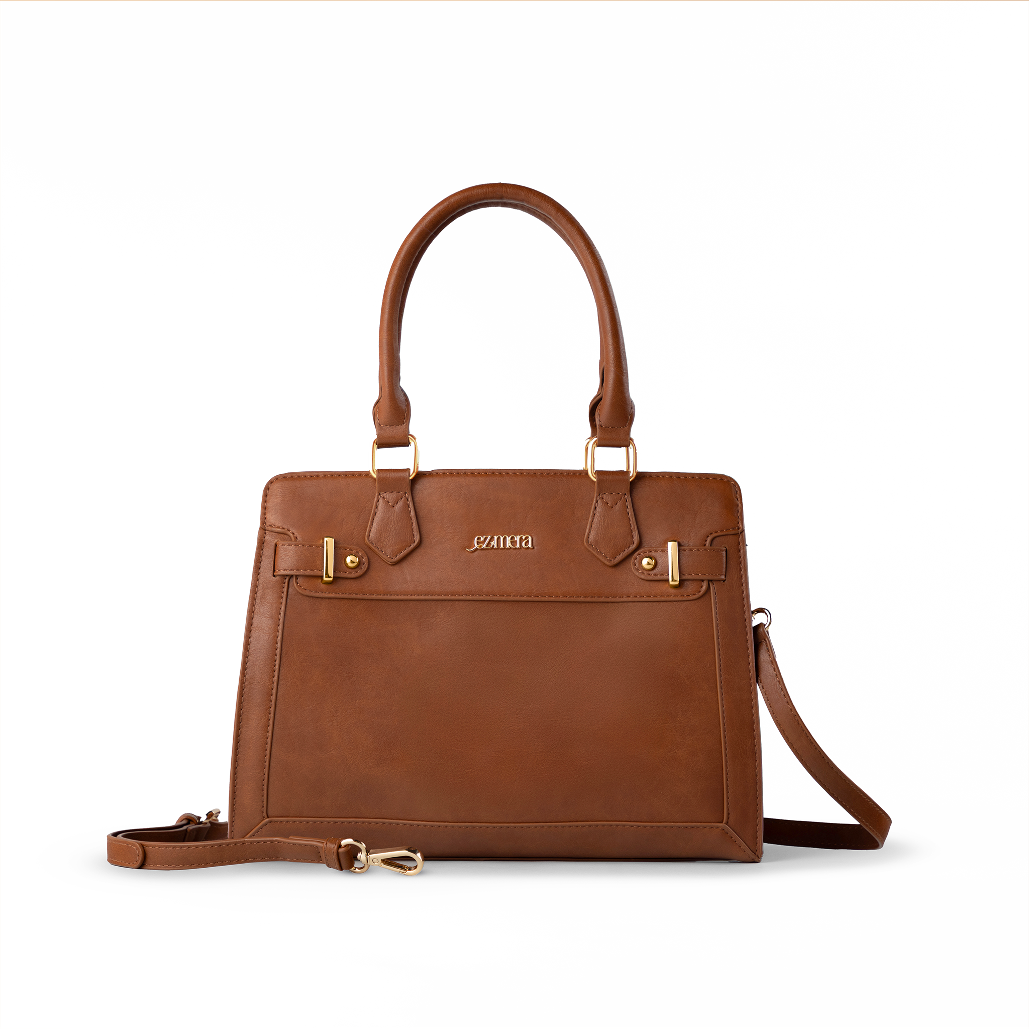 Brown leather handbag with gold accents on a white background